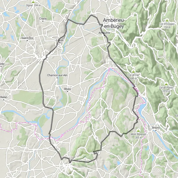 Miniature de la carte de l'inspiration cycliste "Escapade en Bugey" dans la Rhône-Alpes, France. Générée par le planificateur d'itinéraire cycliste Tarmacs.app