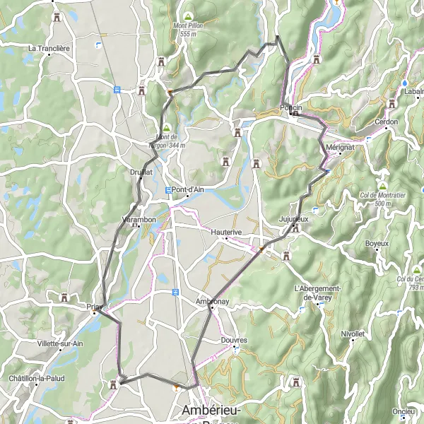 Miniature de la carte de l'inspiration cycliste "Tour des Monts d'Ain" dans la Rhône-Alpes, France. Générée par le planificateur d'itinéraire cycliste Tarmacs.app