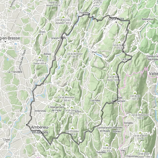 Miniatua del mapa de inspiración ciclista "Desafío panorámico por Ain" en Rhône-Alpes, France. Generado por Tarmacs.app planificador de rutas ciclistas