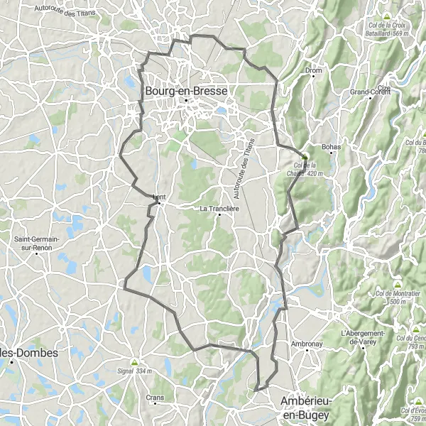 Miniature de la carte de l'inspiration cycliste "Boucle des Collines et Montagnes" dans la Rhône-Alpes, France. Générée par le planificateur d'itinéraire cycliste Tarmacs.app