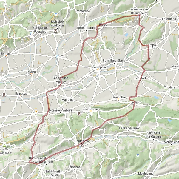 Miniature de la carte de l'inspiration cycliste "Au cœur des terres gravel" dans la Rhône-Alpes, France. Générée par le planificateur d'itinéraire cycliste Tarmacs.app