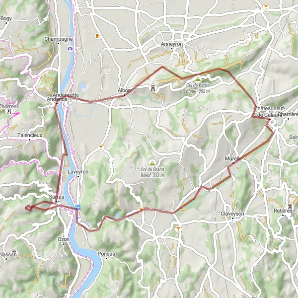 Miniatua del mapa de inspiración ciclista "Aventura off-road" en Rhône-Alpes, France. Generado por Tarmacs.app planificador de rutas ciclistas
