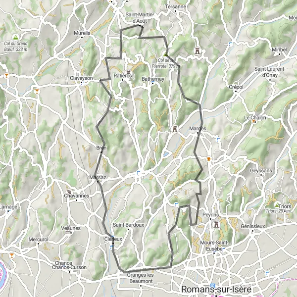 Miniature de la carte de l'inspiration cycliste "Les collines de la Drôme" dans la Rhône-Alpes, France. Générée par le planificateur d'itinéraire cycliste Tarmacs.app
