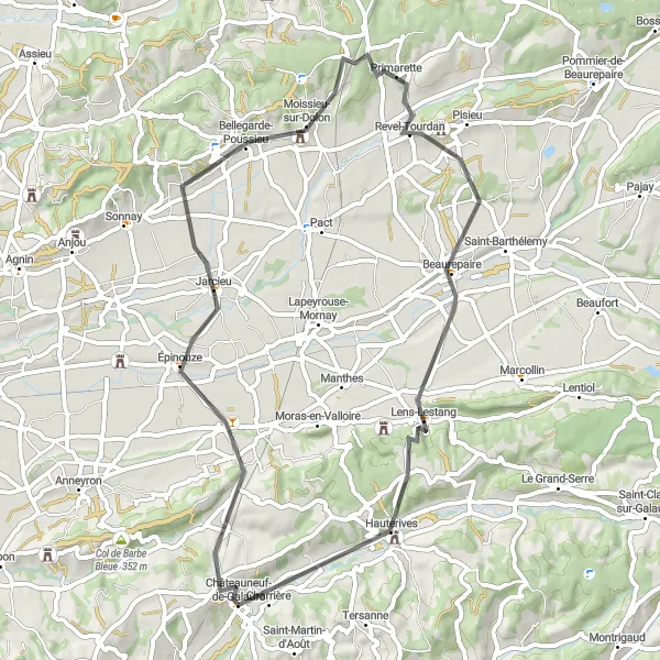 Miniatura della mappa di ispirazione al ciclismo "Giro dei Villaggi" nella regione di Rhône-Alpes, France. Generata da Tarmacs.app, pianificatore di rotte ciclistiche