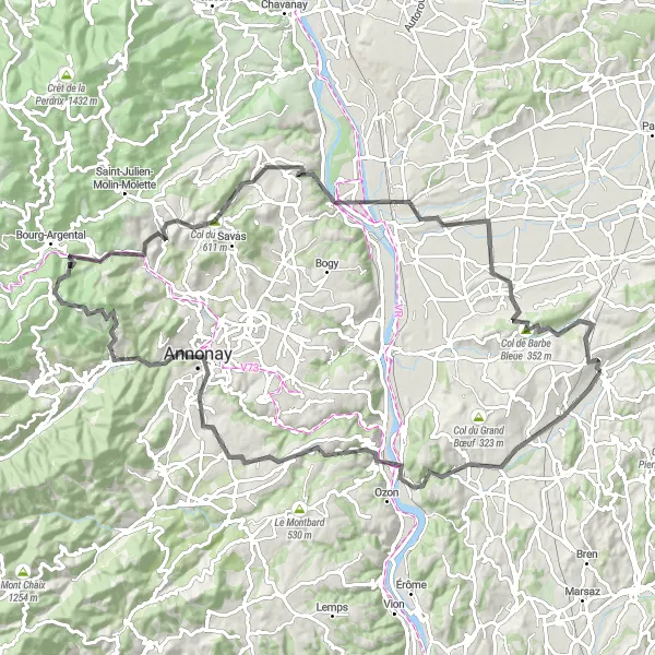 Miniatura della mappa di ispirazione al ciclismo "Tour panoramico da Châteauneuf-de-Galaure a Col de Barbe Bleue" nella regione di Rhône-Alpes, France. Generata da Tarmacs.app, pianificatore di rotte ciclistiche