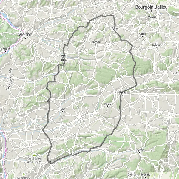 Miniatura mapy "Trasa przez Épinouze, Bellegarde-Poussieu i Moidieu-Détourbe" - trasy rowerowej w Rhône-Alpes, France. Wygenerowane przez planer tras rowerowych Tarmacs.app