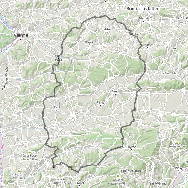 Miniatura della mappa di ispirazione al ciclismo "Sfida in bicicletta tra colline e panorami mozzafiato" nella regione di Rhône-Alpes, France. Generata da Tarmacs.app, pianificatore di rotte ciclistiche
