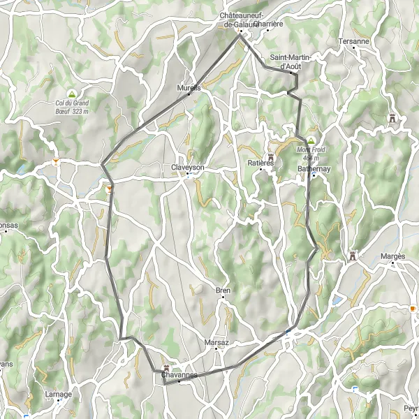 Mapa miniatúra "Cyklistická trasa okolo Châteauneuf-de-Galaure" cyklistická inšpirácia v Rhône-Alpes, France. Vygenerované cyklistickým plánovačom trás Tarmacs.app