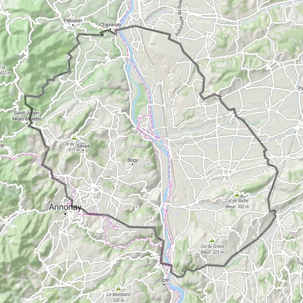 Karttaminiaatyyri "Seikkailu kohti Roiseya" pyöräilyinspiraatiosta alueella Rhône-Alpes, France. Luotu Tarmacs.app pyöräilyreittisuunnittelijalla