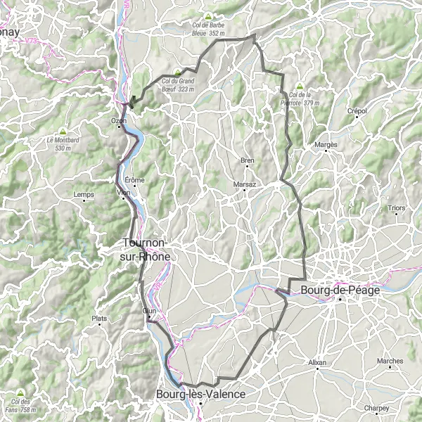 Miniatura della mappa di ispirazione al ciclismo "Giro panoramico attraverso le colline della regione di Rhône-Alpes" nella regione di Rhône-Alpes, France. Generata da Tarmacs.app, pianificatore di rotte ciclistiche