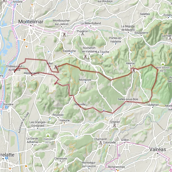 Miniatuurkaart van de fietsinspiratie "Grindpadroute rond Châteauneuf-du-Rhône" in Rhône-Alpes, France. Gemaakt door de Tarmacs.app fietsrouteplanner