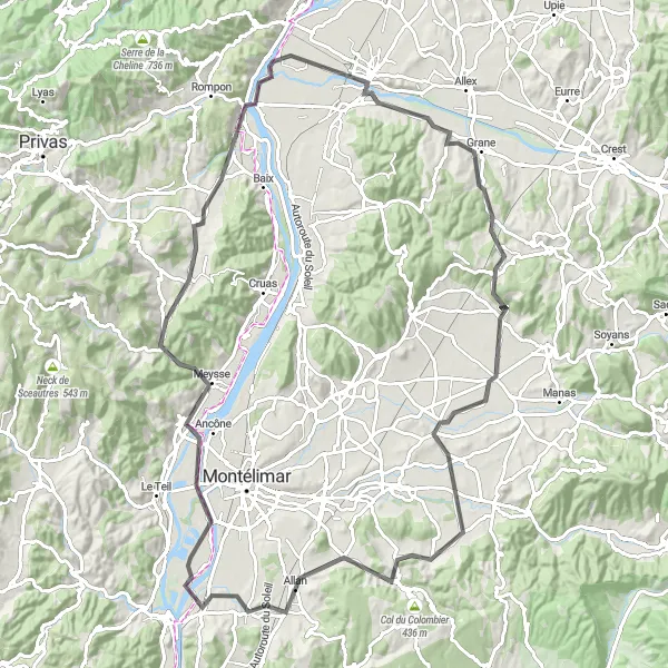 Miniatua del mapa de inspiración ciclista "Ruta escénica en carretera desde Châteauneuf-du-Rhône" en Rhône-Alpes, France. Generado por Tarmacs.app planificador de rutas ciclistas