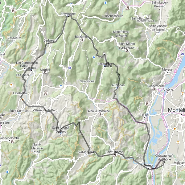 Map miniature of "The Ardèche Rollercoaster" cycling inspiration in Rhône-Alpes, France. Generated by Tarmacs.app cycling route planner