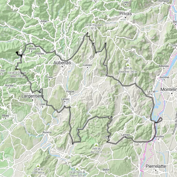 Miniatua del mapa de inspiración ciclista "Gran recorrido en carretera desde Châteauneuf-du-Rhône" en Rhône-Alpes, France. Generado por Tarmacs.app planificador de rutas ciclistas