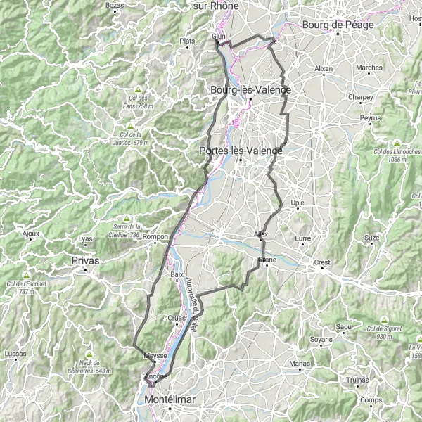 Miniature de la carte de l'inspiration cycliste "Grande Boucle du Vercors et de l'Ardèche" dans la Rhône-Alpes, France. Générée par le planificateur d'itinéraire cycliste Tarmacs.app