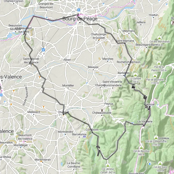 Miniatua del mapa de inspiración ciclista "Desafío ciclista hacia Saint-Marcel-lès-Valence" en Rhône-Alpes, France. Generado por Tarmacs.app planificador de rutas ciclistas