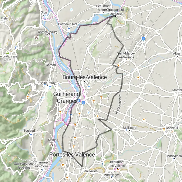 Miniatua del mapa de inspiración ciclista "Ruta de ciclismo por Châteauneuf-sur-Isère" en Rhône-Alpes, France. Generado por Tarmacs.app planificador de rutas ciclistas