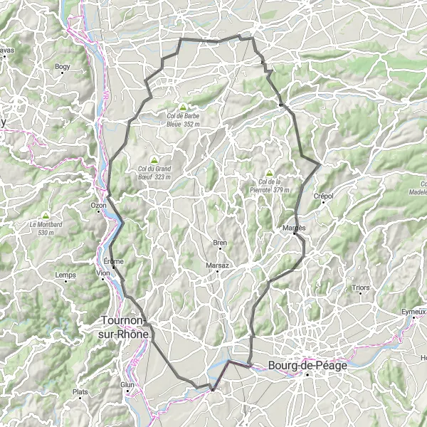 Miniature de la carte de l'inspiration cycliste "Randonnée à travers les plaines et les villages de la Drôme" dans la Rhône-Alpes, France. Générée par le planificateur d'itinéraire cycliste Tarmacs.app