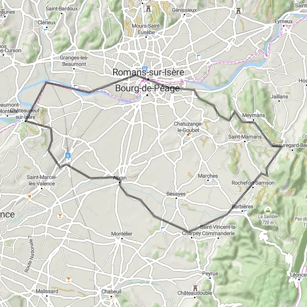 Miniature de la carte de l'inspiration cycliste "Boucle Road vers Romans-sur-Isère" dans la Rhône-Alpes, France. Générée par le planificateur d'itinéraire cycliste Tarmacs.app