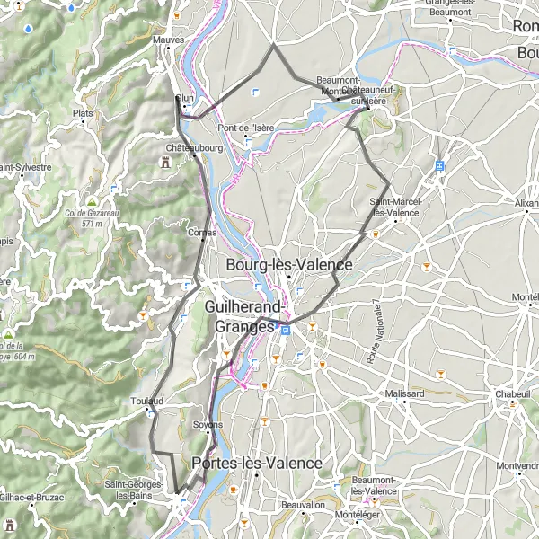 Miniature de la carte de l'inspiration cycliste "Balade à travers les vignobles et les vallées de l'Ardèche" dans la Rhône-Alpes, France. Générée par le planificateur d'itinéraire cycliste Tarmacs.app