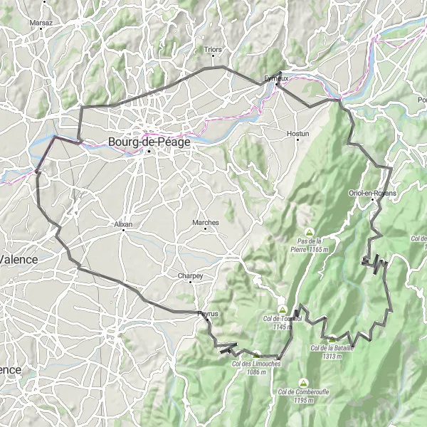 Miniatua del mapa de inspiración ciclista "Ruta de ciclismo en carretera con impresionantes vistas en Mours-Saint-Eusèbe" en Rhône-Alpes, France. Generado por Tarmacs.app planificador de rutas ciclistas