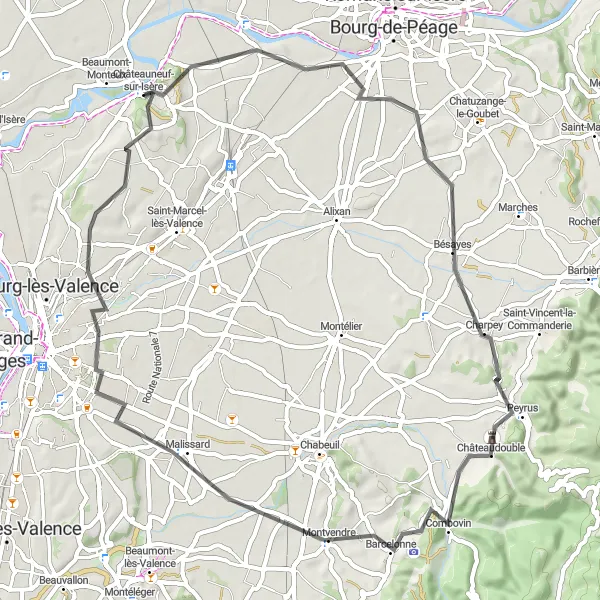Miniature de la carte de l'inspiration cycliste "Itinéraire Road vers Charpey et Malissard" dans la Rhône-Alpes, France. Générée par le planificateur d'itinéraire cycliste Tarmacs.app