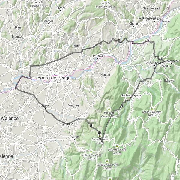 Miniatua del mapa de inspiración ciclista "Ruta de 119 km desde Châteauneuf-sur-Isère" en Rhône-Alpes, France. Generado por Tarmacs.app planificador de rutas ciclistas