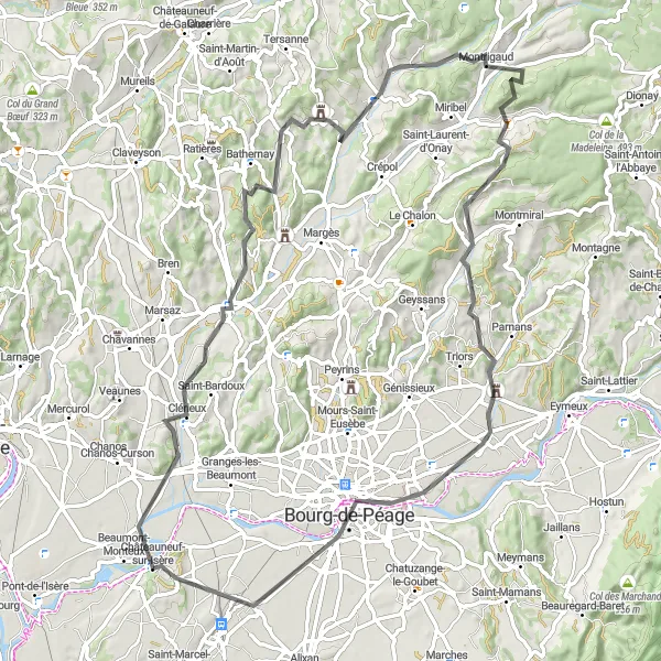 Miniature de la carte de l'inspiration cycliste "Tour Road à travers Saint-Bonnet-de-Valclérieux" dans la Rhône-Alpes, France. Générée par le planificateur d'itinéraire cycliste Tarmacs.app