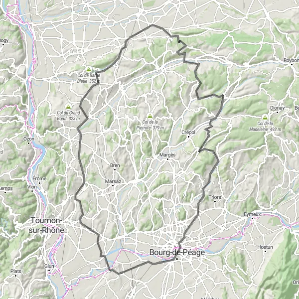 Miniature de la carte de l'inspiration cycliste "Parcours Road autour de La Motte-de-Galaure" dans la Rhône-Alpes, France. Générée par le planificateur d'itinéraire cycliste Tarmacs.app