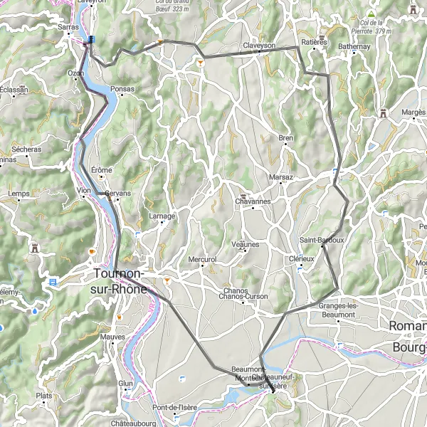 Miniature de la carte de l'inspiration cycliste "Tour Road entre Tain-l'Hermitage et Pont de l'Herbasse" dans la Rhône-Alpes, France. Générée par le planificateur d'itinéraire cycliste Tarmacs.app