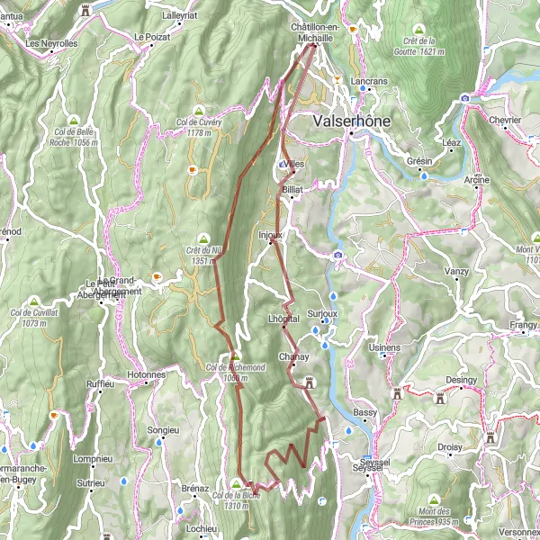 Kartminiatyr av "Spennende grusveier gjennom Col de la Biche og Châtillon-en-Michaille" sykkelinspirasjon i Rhône-Alpes, France. Generert av Tarmacs.app sykkelrutoplanlegger