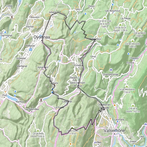 Miniature de la carte de l'inspiration cycliste "Défi cycliste autour de Châtillon-en-Michaille" dans la Rhône-Alpes, France. Générée par le planificateur d'itinéraire cycliste Tarmacs.app