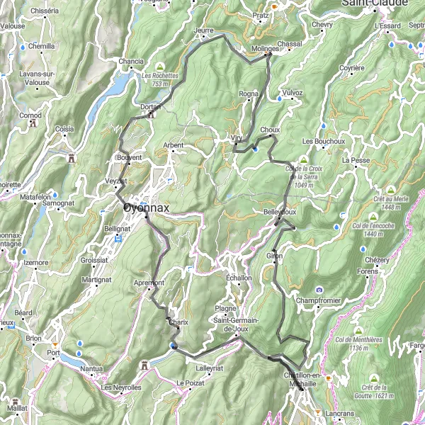 Map miniature of "The Joux Valley Loop" cycling inspiration in Rhône-Alpes, France. Generated by Tarmacs.app cycling route planner