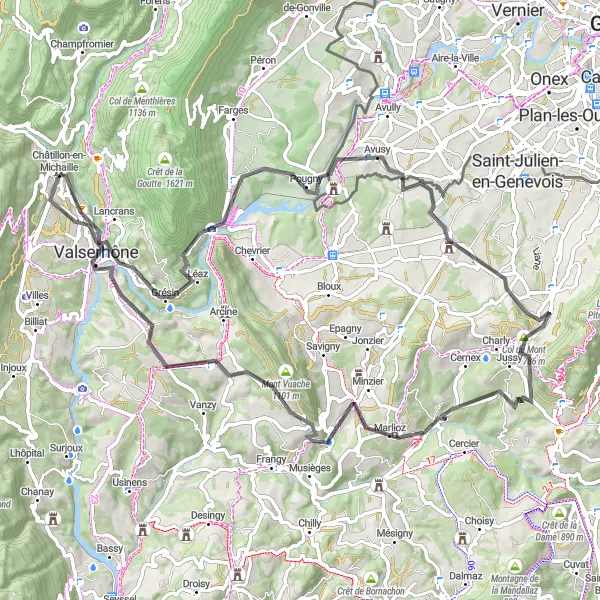 Miniaturekort af cykelinspirationen "Scenisk cykling gennem Col du Mont Sion og Copponex" i Rhône-Alpes, France. Genereret af Tarmacs.app cykelruteplanlægger