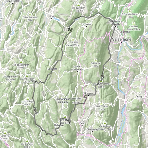 Karten-Miniaturansicht der Radinspiration "Herausforderung der Berge von Châtillon" in Rhône-Alpes, France. Erstellt vom Tarmacs.app-Routenplaner für Radtouren