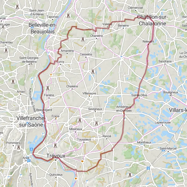 Kartminiatyr av "Gruskjøring gjennom Dombes" sykkelinspirasjon i Rhône-Alpes, France. Generert av Tarmacs.app sykkelrutoplanlegger