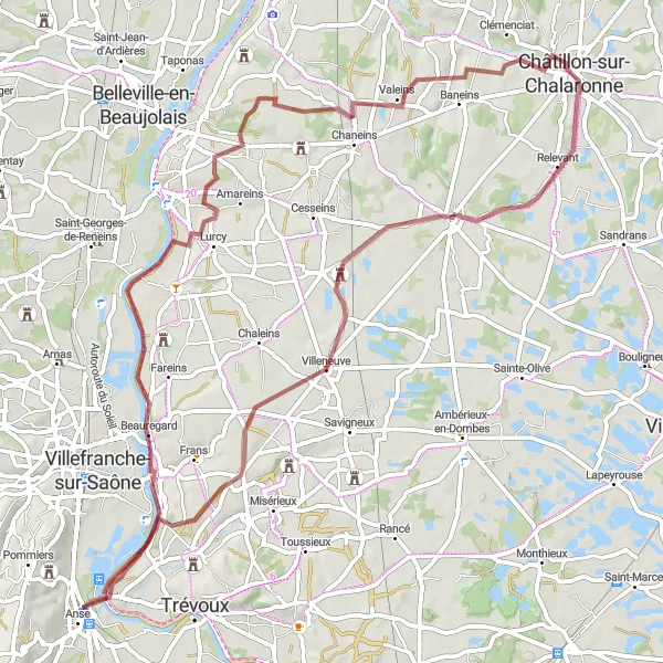 Kartminiatyr av "Grusvägar runt Châtillon-sur-Chalaronne" cykelinspiration i Rhône-Alpes, France. Genererad av Tarmacs.app cykelruttplanerare