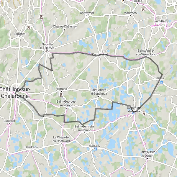 Kartminiatyr av "Châtillon-sur-Chalaronne Loop" cykelinspiration i Rhône-Alpes, France. Genererad av Tarmacs.app cykelruttplanerare