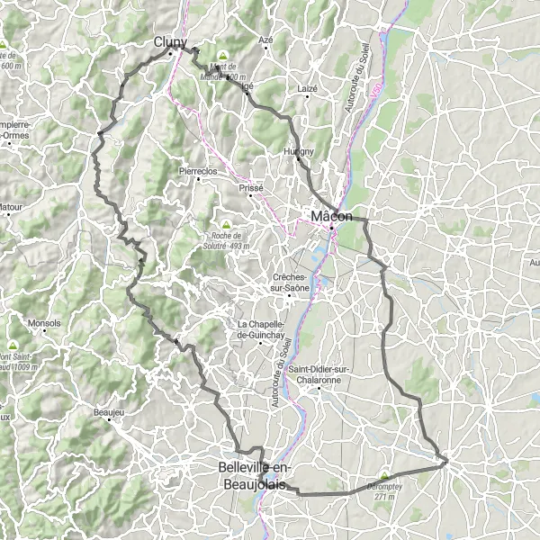 Mapa miniatúra "Trasa cez Châtillon-sur-Chalaronne a okolie" cyklistická inšpirácia v Rhône-Alpes, France. Vygenerované cyklistickým plánovačom trás Tarmacs.app