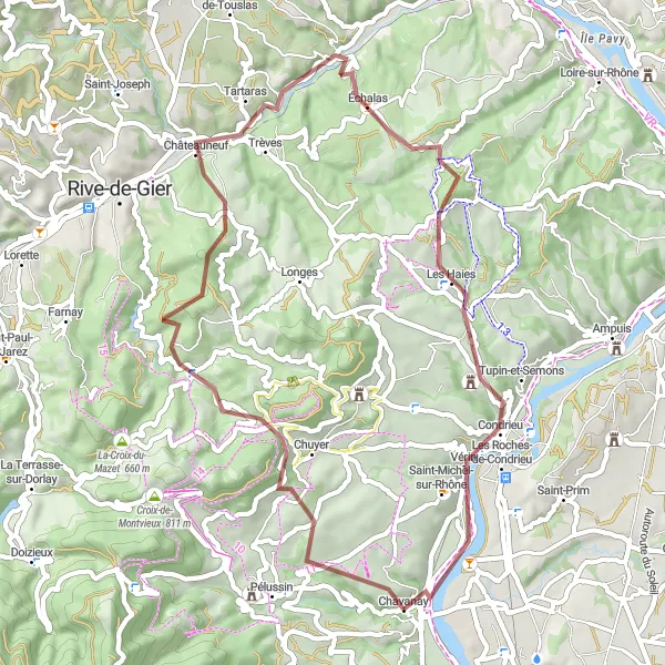Zemljevid v pomanjšavi "Gravel pohod od Sainte-Croix-en-Jarez do Chavanay" kolesarske inspiracije v Rhône-Alpes, France. Generirano z načrtovalcem kolesarskih poti Tarmacs.app