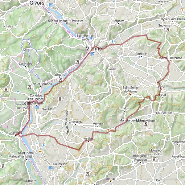 Karttaminiaatyyri "Hiekkateiden seikkailu lähellä Chavanayta" pyöräilyinspiraatiosta alueella Rhône-Alpes, France. Luotu Tarmacs.app pyöräilyreittisuunnittelijalla