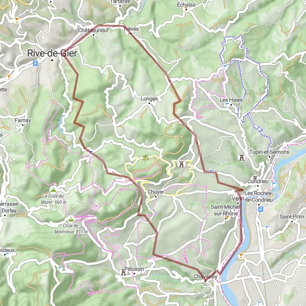 Kartminiatyr av "Grusvägar genom Sainte-Croix-en-Jarez och La Chapelle-Villars" cykelinspiration i Rhône-Alpes, France. Genererad av Tarmacs.app cykelruttplanerare