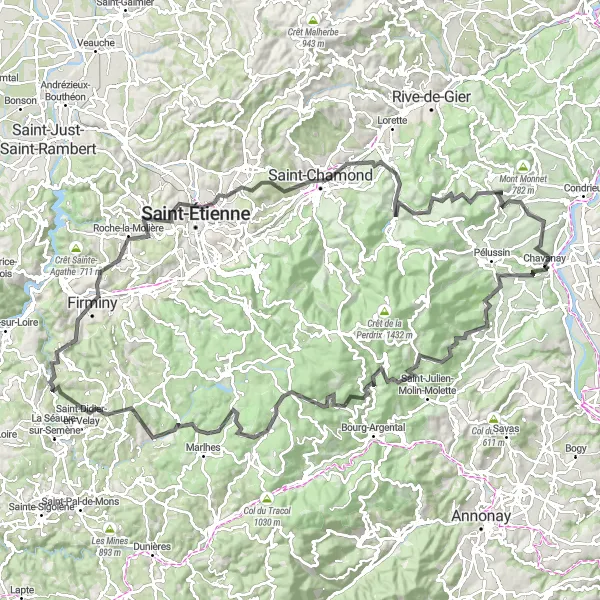 Miniatura della mappa di ispirazione al ciclismo "Road Route da Chavanay a Véranne e oltre" nella regione di Rhône-Alpes, France. Generata da Tarmacs.app, pianificatore di rotte ciclistiche