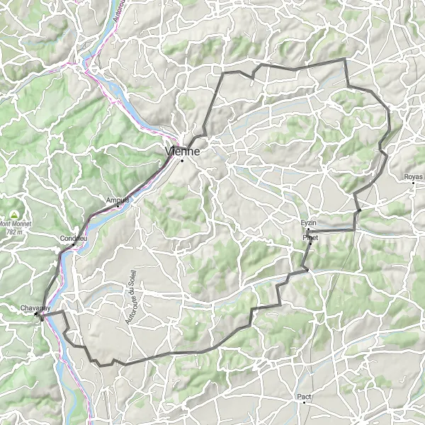 Mapa miniatúra "Silniční tura skrz Rhôně" cyklistická inšpirácia v Rhône-Alpes, France. Vygenerované cyklistickým plánovačom trás Tarmacs.app