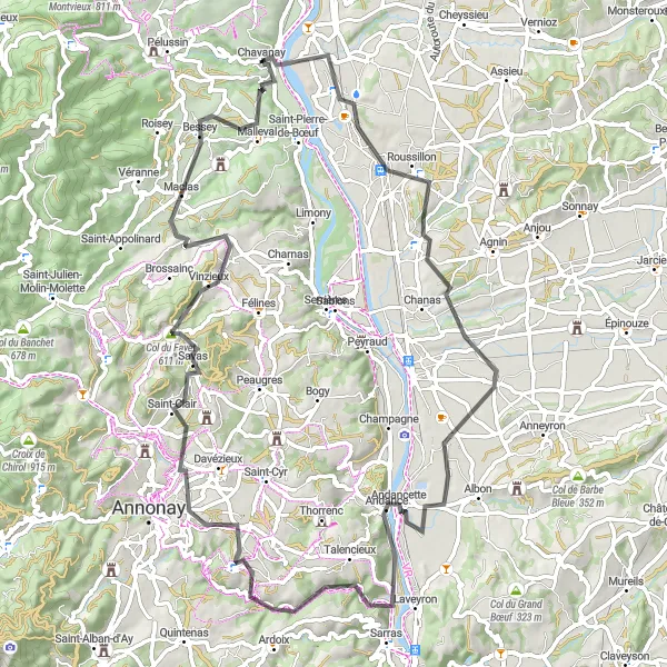 Miniatura della mappa di ispirazione al ciclismo "Percorso ciclabile ad anello vicino a Chavanay" nella regione di Rhône-Alpes, France. Generata da Tarmacs.app, pianificatore di rotte ciclistiche