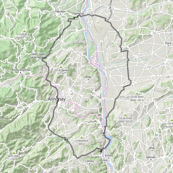 Zemljevid v pomanjšavi "Cestno kolesarjenje v okolici Chavanaya" kolesarske inspiracije v Rhône-Alpes, France. Generirano z načrtovalcem kolesarskih poti Tarmacs.app