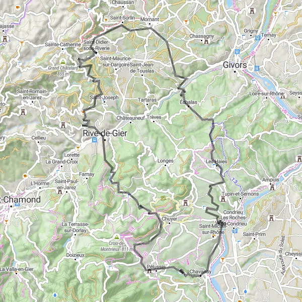 Zemljevid v pomanjšavi "Cycling tour skozi slikovite pokrajine Rhône-Alpes" kolesarske inspiracije v Rhône-Alpes, France. Generirano z načrtovalcem kolesarskih poti Tarmacs.app