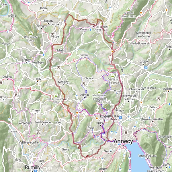 Miniatuurkaart van de fietsinspiratie "Gravelroute door Chavanod" in Rhône-Alpes, France. Gemaakt door de Tarmacs.app fietsrouteplanner