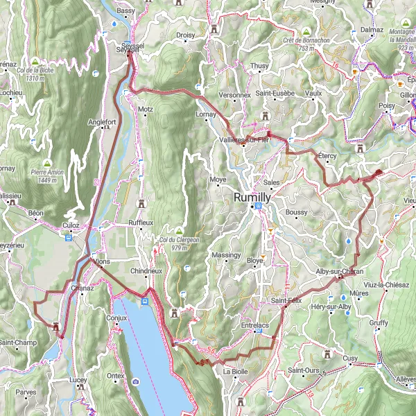 Miniatuurkaart van de fietsinspiratie "Gravelavontuur van 100 km door Saint-Félix en Molard de Lavours" in Rhône-Alpes, France. Gemaakt door de Tarmacs.app fietsrouteplanner