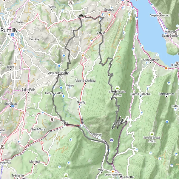 Kartminiatyr av "Upp till Col de Leschaux via vackra byar" cykelinspiration i Rhône-Alpes, France. Genererad av Tarmacs.app cykelruttplanerare